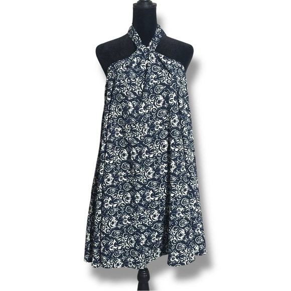 H&M Navy and White Print Asymmetrical Adjustable Tie Halter Sundress - Picture 1 of 16